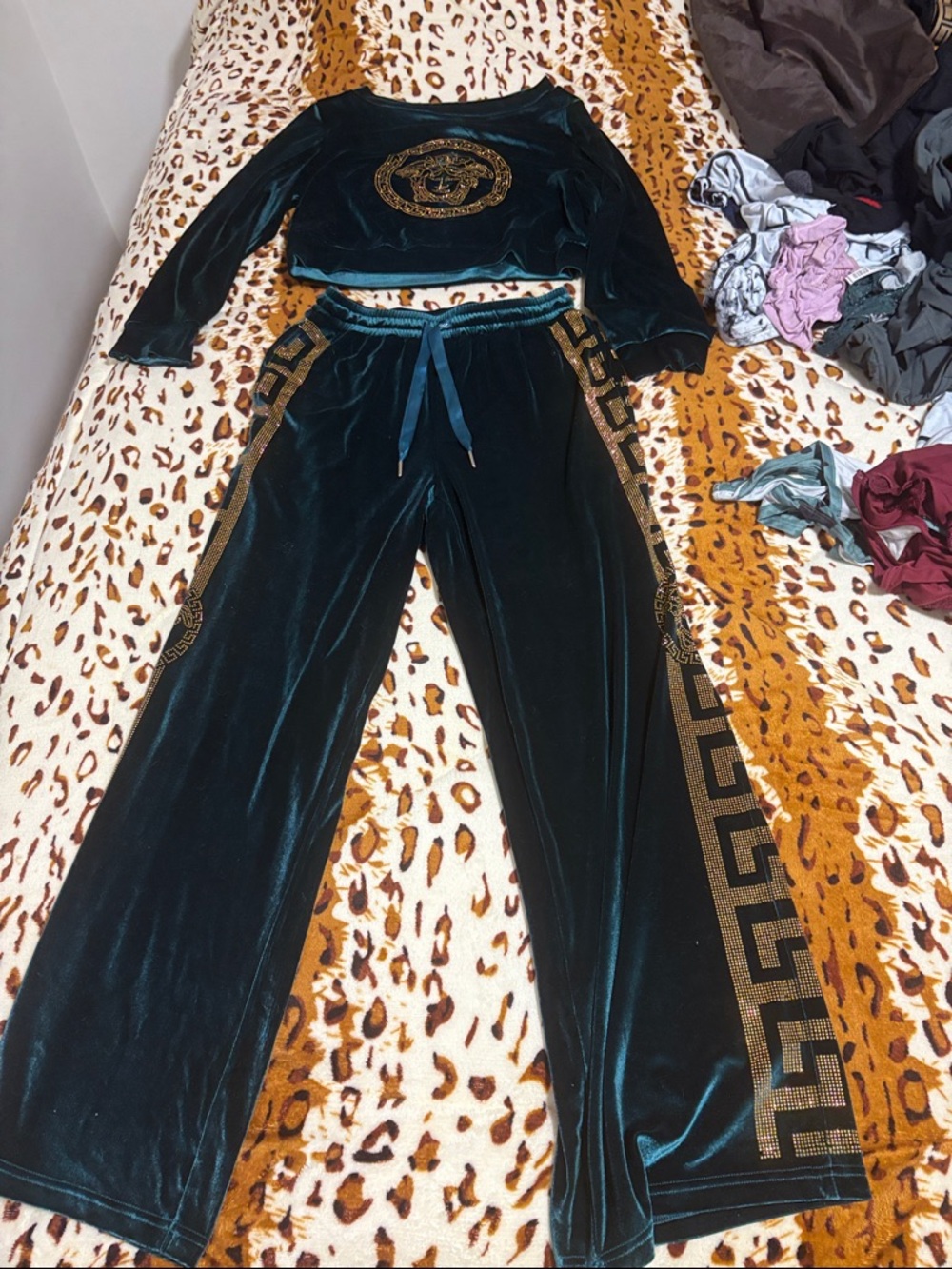 Versus Versace Teal Velvet Two-Piece Set with Gold Detailing